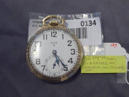 Elgin Watch Co. Open Face 17 Jewels, Runs, 10K rolled gold plate...