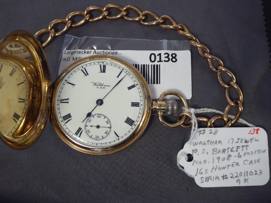 Watham Watch Co Open Face Lever Set, 17 Jewels, 9 K Gold, Face excellent; w/ 9K gold chain; Side