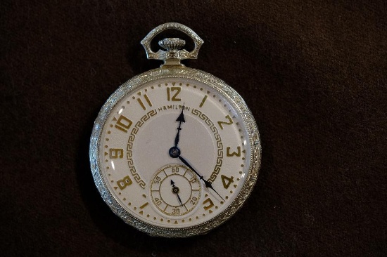 Hamilton, 14 K White Gold, Open Face, 17 Jewels, runs,...Very good condition; Face has no wear; Gold