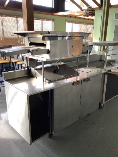 ToastMaster CTX G-24 conveyor pizza oven with rolling cabinet stand and prep box
