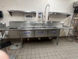 120 in 3 Bay stainless steel sink with left and right counter and faucets