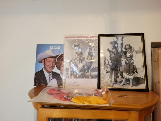 Roy Rogers lot, pictures, album cover, and Roy Rogers bandanna with cowboy hat bolo tie