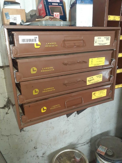 Lawson four-drawer wall mount storage bin with contents