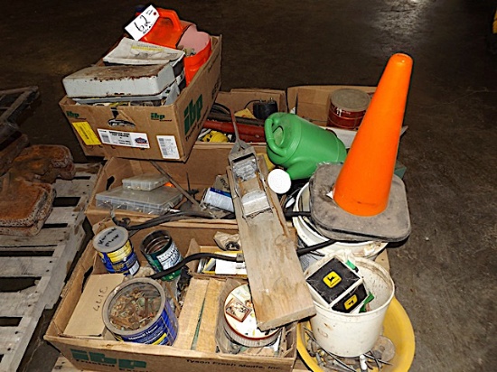 Pallet of bolts, kotter pin, orange cones