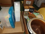 Glass dishes, coffee cups, plastic containers, cream/ sugar