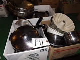 (3) boxes = Electric skillet, waffle maker, metal mixing bowls, Farberware cookware