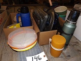 (3) boxes = coffee thermos, Tupperware, baking pans, glassware,