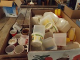 Corelle coffee cups, Vander County plates/ cups, plastic containers