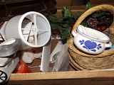 (2) boxes = green flower vase, old Bell jars, baskets