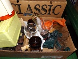 Beer glasses, thermos, wicker wheel barrow for plants