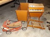 Child's Jaymar piano (rough), doll beds, misc