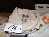 (4) boxes - table covers, towels, needlework
