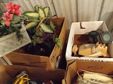 (4) boxes = Old rotary dial phones, silk flower arrangements, ext cords