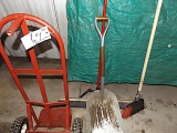 1 wheel cart, brooms, shovel