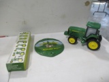 3 PC - JD 8 MINI TOY TRACTORS, JD TRACTOR BANK, PLANTER LID