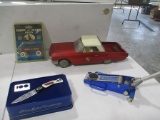 4 PC - FORD PICK-UP KNIFE, FLOOR JACK, RADIO-FLYER MINI WAGON, METAL FORD T-BIRD CAR