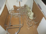 2 BOXES FOSTORIA PLATE, WINE GLASS JAPAN, PEWTER DRINK SET