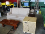 COUCH, 2 COFFEE TABLES, STANDUP LIGHT, STAND UP RECORD PLAYER