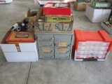 4 DRAWERS WITH ROCKS, 2 BOXES OF ROCKS, DRILL PRESS STAND