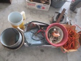 2 BOXES - BEER MUG TRASH CAN, JUMPER CABLES, L ANGLE