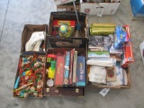 5 BOXES OF KIDS TOYS, PUZZLES, SIZE 9 ICE SKATES, BATTON