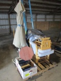 ROCKING CHAIR W/ FOOT STOOL, LAWYER BOOKS, STANDING UMBRELLA