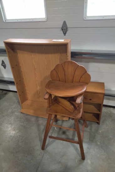 3 ITEMS - SHELF, BABY CHAIR, END TABLE