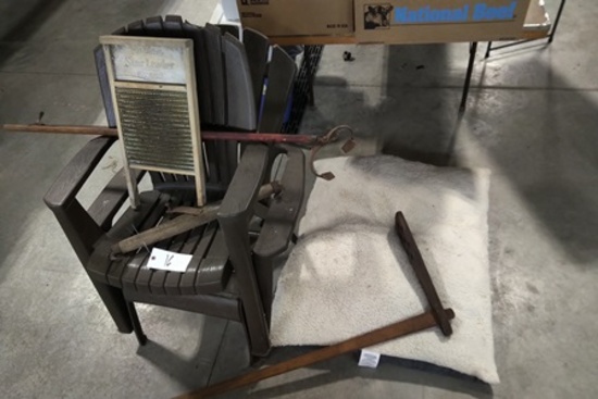2 CHAIRS, HIBBARD'S STAR LEADER BRASS CLOTHES WASHER