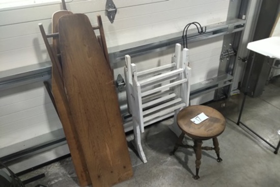 IRONING BOARDS, SHEPARDS HOOKS, STOOL, DRYING RACK