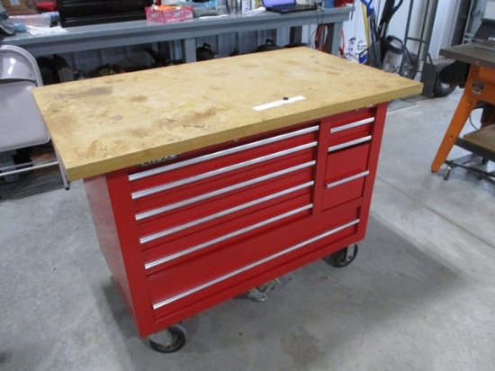 TABLE TOP TOOL BOX ON WHEELS, 54”X31”X39”