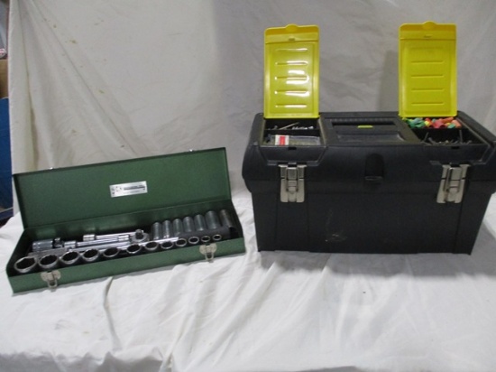 TOOL BOX WITH ITEMS, SK ½ SOCKET SET, HAMMER