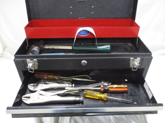 TOOL BOX WITH MISC ITEMS, HAMMER WRENCH, PUNCHES, PLYERS
