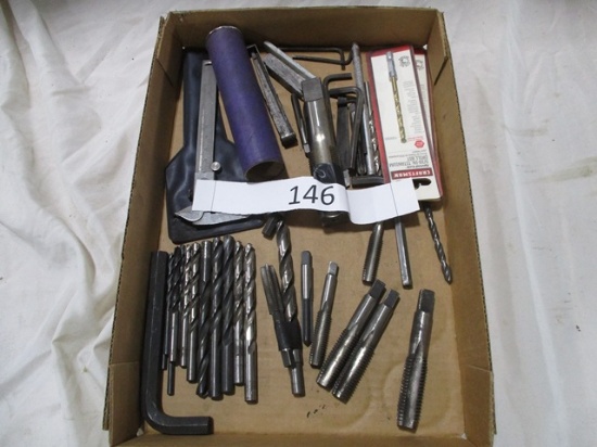 FLAT OF MISC DRILL BITS, TAP AND DIE, ALLEN WRENCHS