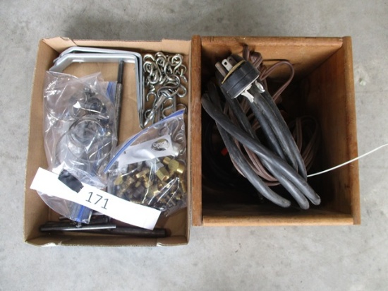 Flat Of Pipe Clamps, Extension Cords, Hex Tools, Cabinet Handles