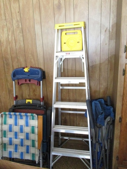 6' WERNER LADDER, 2 STEP FOLDING LADDER, 5 LAWN CHAIRS