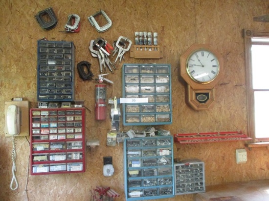 5 ORGANIZERS WITH CONTENTS,SCREWS, WOODEN KNOBS, BOLTS, CHISELS CLAMPS,HEX WRENCHES, CLOCK