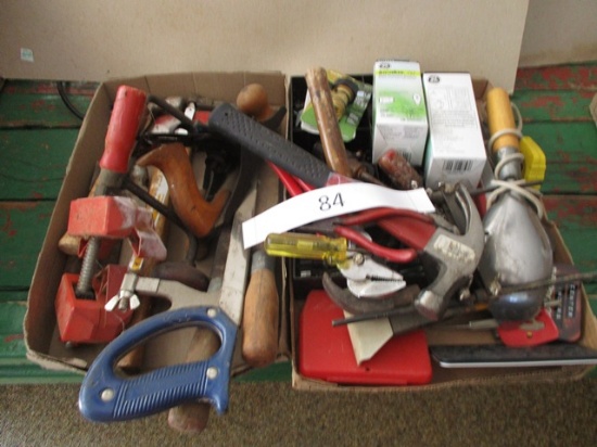 2 FLATS MISC TOOLS, HAMMER, DRILL BITS, LIGHT BULBS, SAW