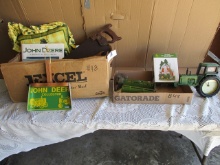 BOX AND FLAT OF JOHN DEERE MEMORABILIA - CLOCK, PILLOW, SAW, BOOKS, BARN SCENE THERMOMETER