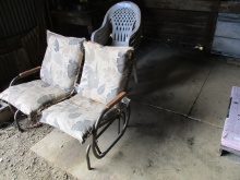 TABLE, 4 PLASTIC CHAIRS, GLIDING LOVE SEAT