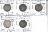 Coin - Currency - Stamps; 5 U. S. Pre-Statehood Hawaiian Quarters