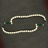 Jewelry - Gems - Watches; Pearl Necklace W/Emerald Pendent