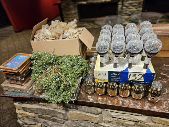 décor-picture frames, gold jars, greenery, solar garden lights, misc