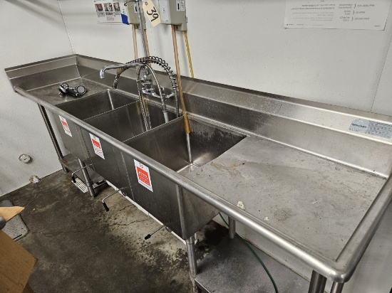 stainless steel 3 sink unit, 2 stainless wall shelves