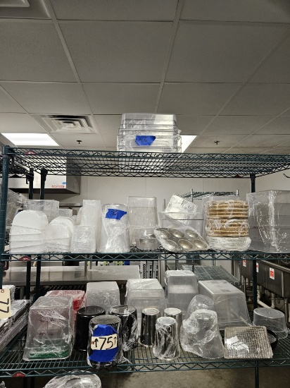 3 rows of square containers, lids, misc