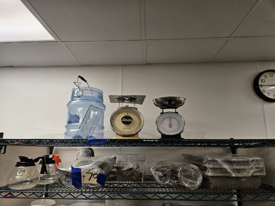 coffee pots/servers, silverware trays, 2)kitchen scales, water pitchers