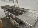 stainless steel 3 sink unit, 2 stainless wall shelves