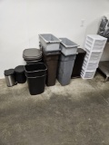 assorted waste baskets, sterilite storage drawers