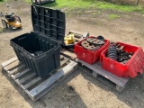Pallet of 3 Plastic tool boxes filled with straps & 1 lawn boy push mower