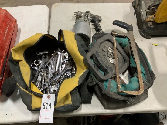 2- tool Bags full of wrenches, Paint gun & saw blades