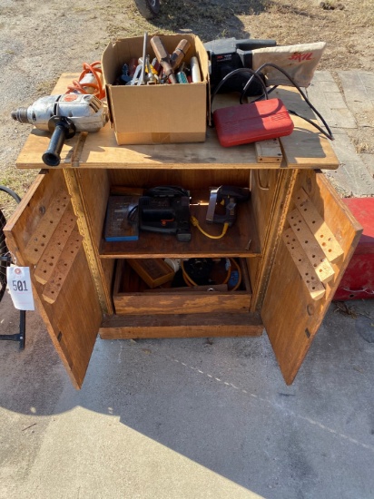 Wooden tool cabinet with misc tools